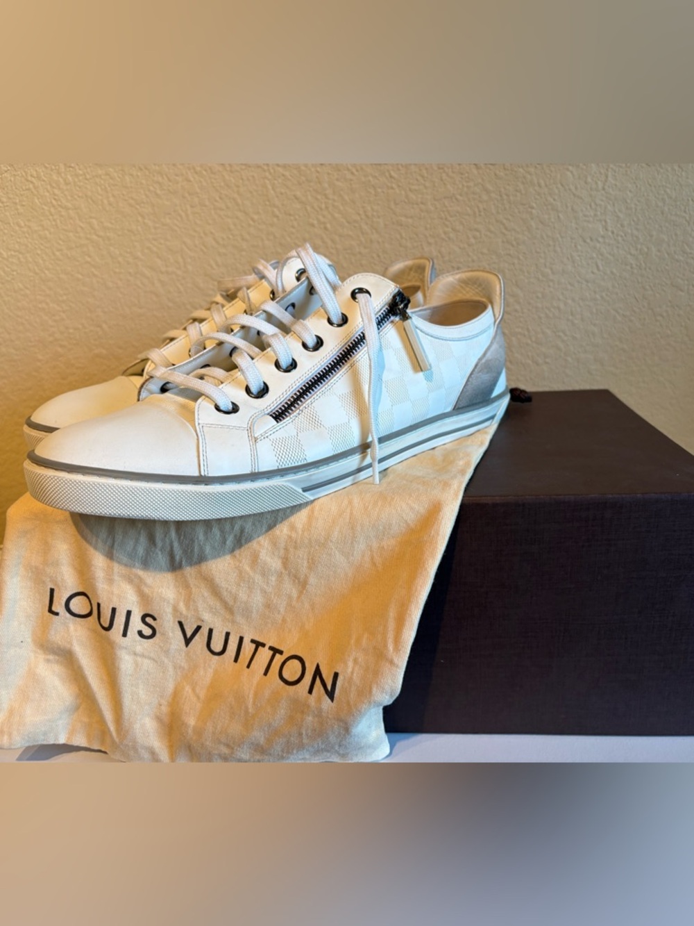 Louis Vuitton White Damier Low-Top Sneakers- USED, Men’s size 9 1/2.